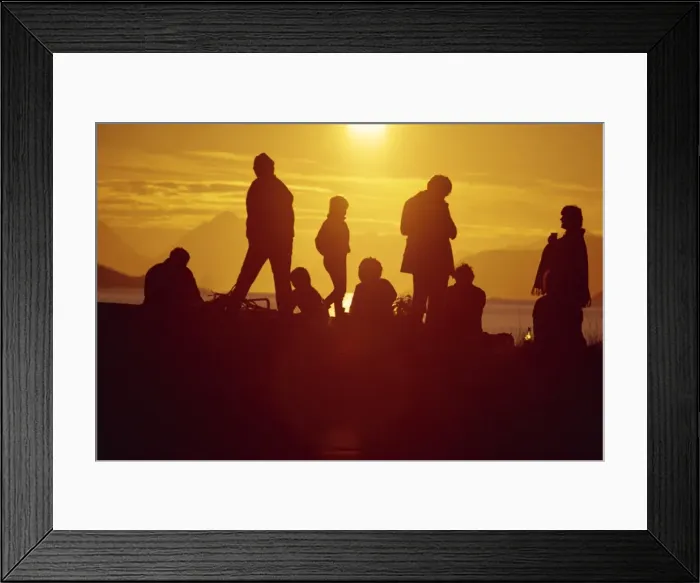 Framed Print : Group of people silhouetted against midnight sun Framed Print : Group of people silhouetted against midnight sun