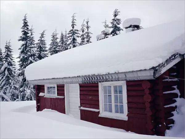 Snow covered log built house