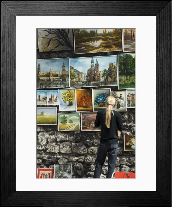 Framed Print : Paintings displayed on the old city walls near Florianss Gate Framed Print : Paintings displayed on the old city walls near Florianss Gate