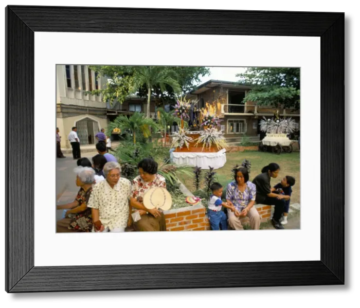 Framed Print : People sitting outside the cathedral of Boac at Easter Framed Print : People sitting outside the cathedral of Boac at Easter