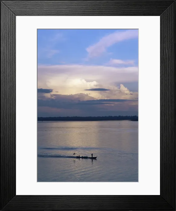 Framed Print : Small fishing boat moving down giant river Framed Print : Small fishing boat moving down giant river