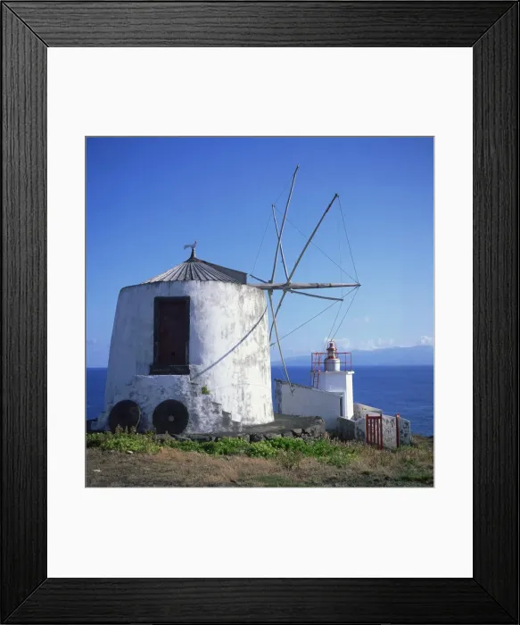 Framed Print : Windmill on Corvo with the island of Flores in the background Framed Print : Windmill on Corvo with the island of Flores in the background