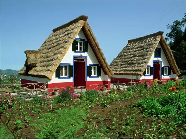 Old thatched farmhouses in gardens at Santana