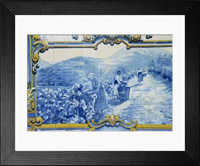 Framed Print : Azulejos showing harveting of port grapes