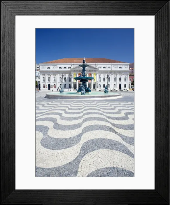 Framed Print : Mosaics and fountain with Lisbon Opera House in the background Framed Print : Mosaics and fountain with Lisbon Opera House in the background