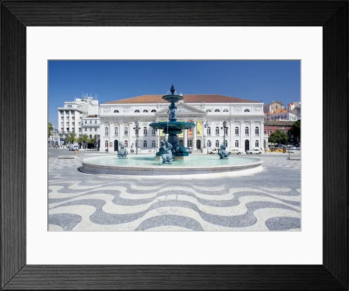 Framed Print : Mosaic paving and fountain with Lisbon Opera House in the background Framed Print : Mosaic paving and fountain with Lisbon Opera House in the background