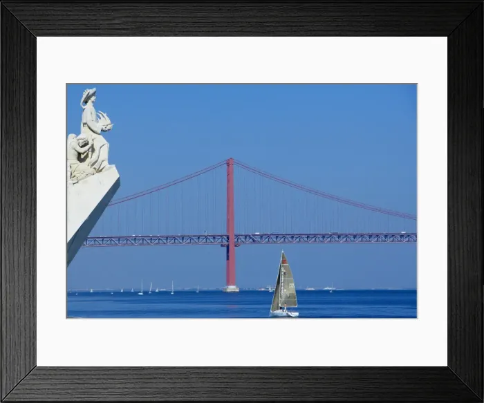 Framed Print : Detail of the Monument to the Discoveries and the 25th April bridge Framed Print : Detail of the Monument to the Discoveries and the 25th April bridge