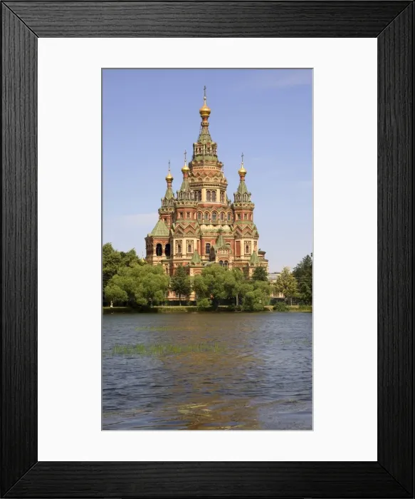 Framed Print : Peter and Paul church seen from Tsarina Pavilion, Peterhof, St Framed Print : Peter and Paul church seen from Tsarina Pavilion, Peterhof, St