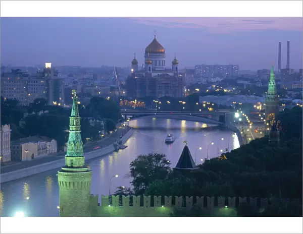 City skyline and the Moskva River at dusk