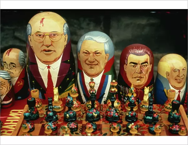 A group of Russian dolls depicting Russian politicians