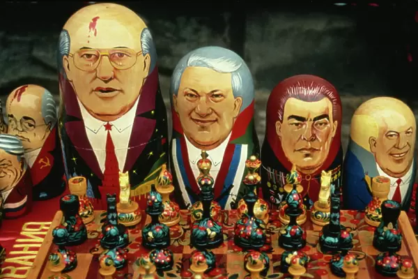 A group of Russian dolls depicting Russian politicians