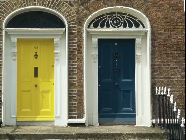 Two doorways with painted doors on Bride Street in Dublin