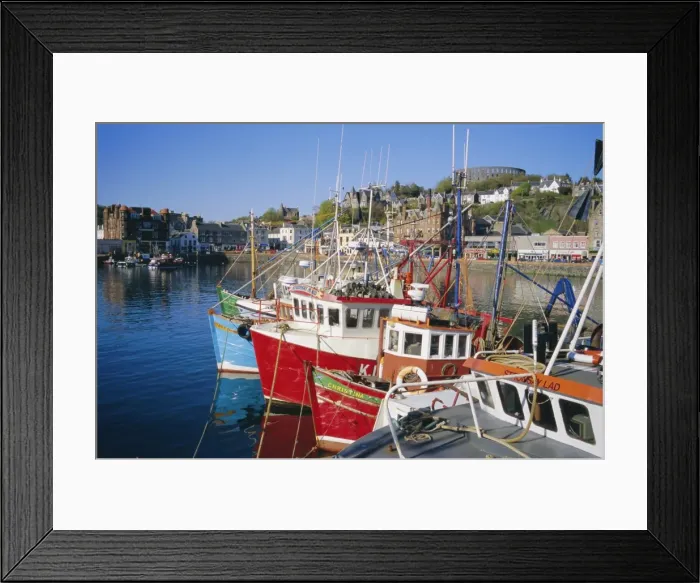 Framed Print : Fishing boats and waterfront with McCaigs Tower on hill Framed Print : Fishing boats and waterfront with McCaigs Tower on hill