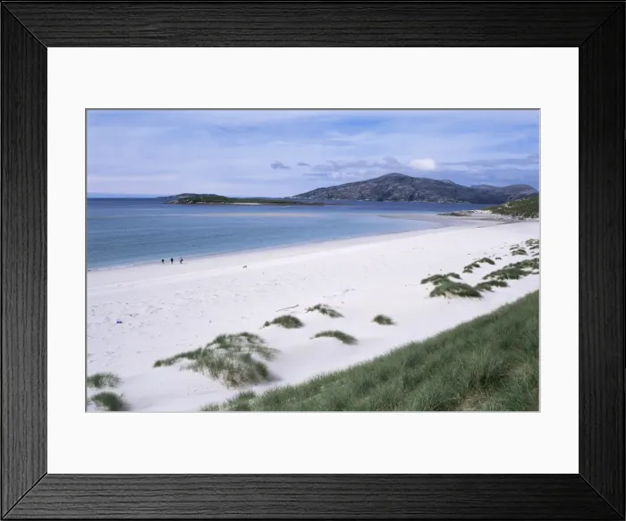 Framed Print : Walkers on Mheilein beach of white shell-sand Framed Print : Walkers on Mheilein beach of white shell-sand