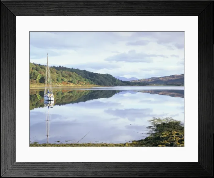 Framed Print : Yacht on Loch Feochan in autumn Framed Print : Yacht on Loch Feochan in autumn