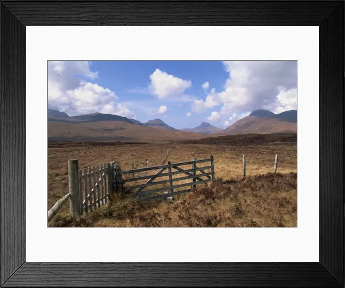 Framed Print : Fence and gate with mountains beyond Framed Print : Fence and gate with mountains beyond