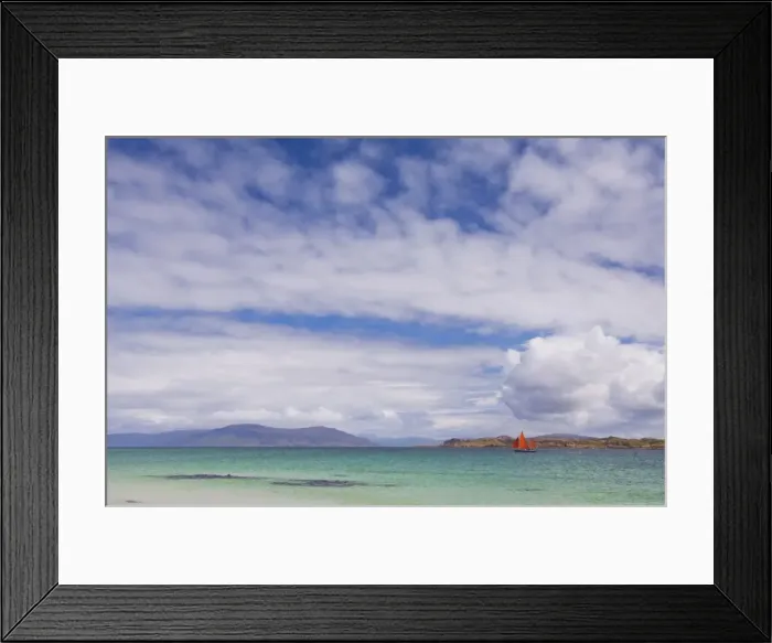 Framed Print : Boat with red sails off Traigh Bhan beach Framed Print : Boat with red sails off Traigh Bhan beach