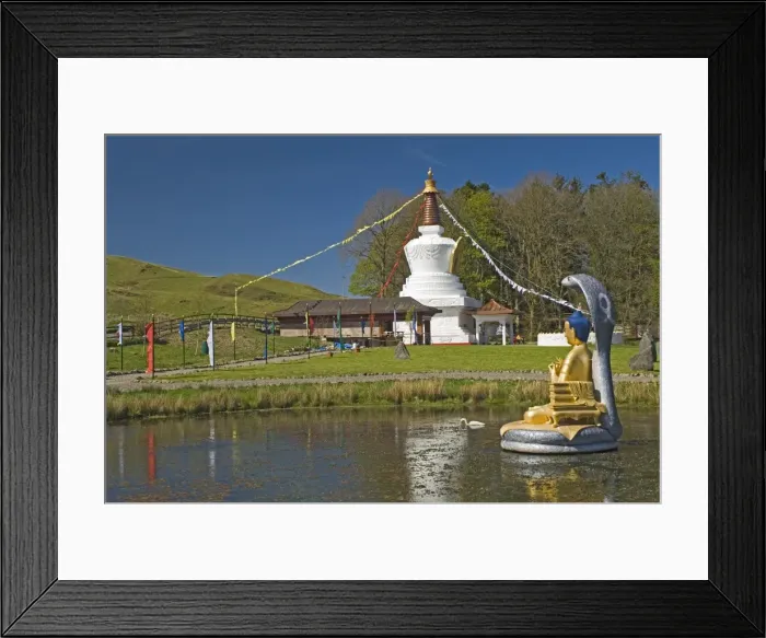 Framed Print : The Shrine Pond with cobra canopy prayer flags and stupa Framed Print : The Shrine Pond with cobra canopy prayer flags and stupa