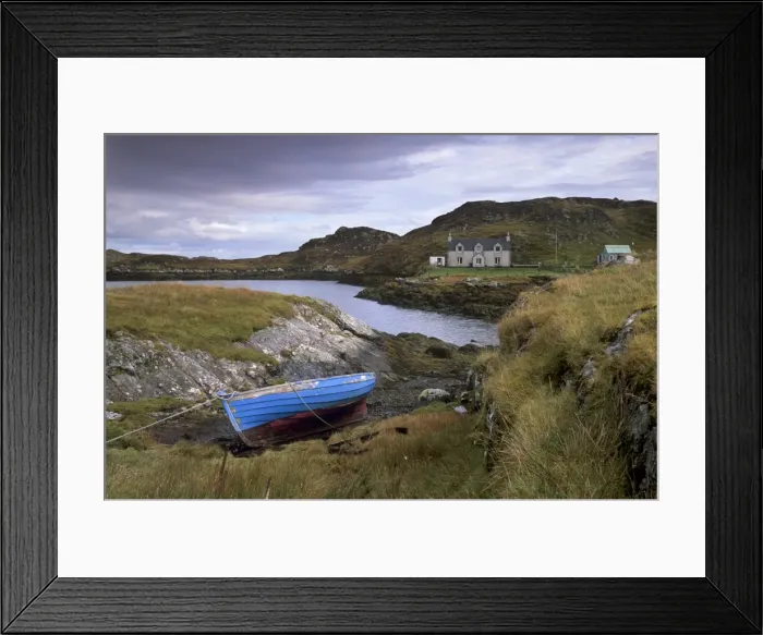 Framed Print : Blue boat and house Framed Print : Blue boat and house