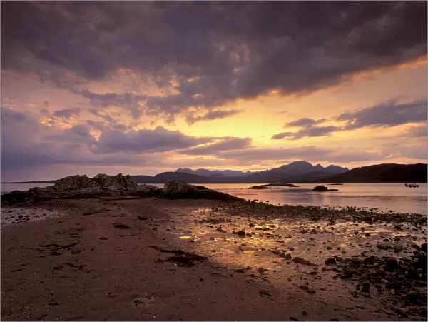 Black Cuillins range from the shores of Loch Eishort at sunset