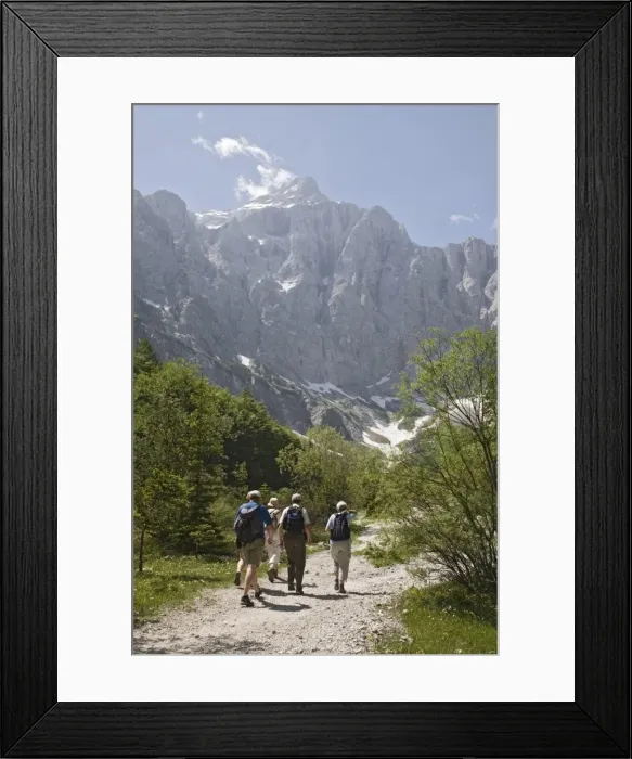 Framed Print : Tourist group in summer in Vrata valley walking towards Framed Print : Tourist group in summer in Vrata valley walking towards