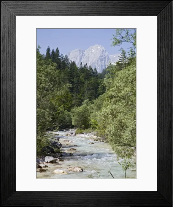Framed Print : Bistrica River and forest with Stenar mountain beyond in summer Framed Print : Bistrica River and forest with Stenar mountain beyond in summer