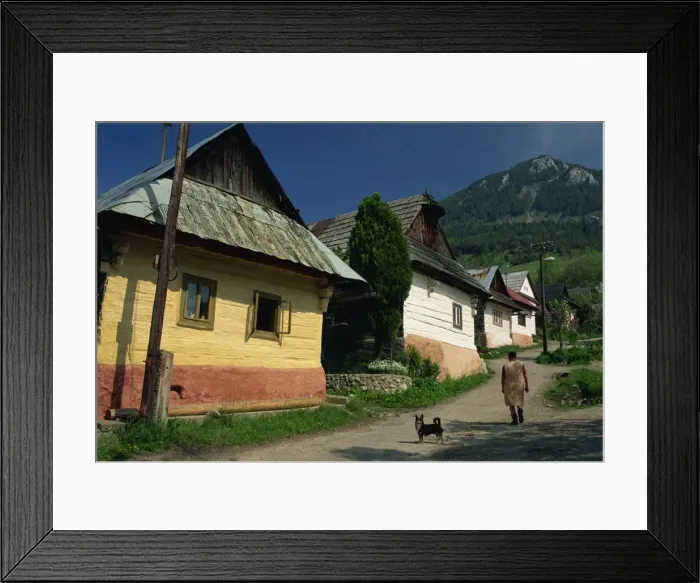 Framed Print : Woman and dog on a path beside wooden houses at Vikonec Framed Print : Woman and dog on a path beside wooden houses at Vikonec