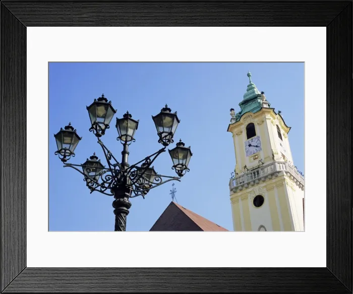 Framed Print : Tower of Old Town Hall and wrought iron 19th century street lamp Framed Print : Tower of Old Town Hall and wrought iron 19th century street lamp