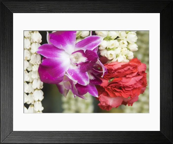 Framed Print : Flower garlands on a stall for temple offerings Framed Print : Flower garlands on a stall for temple offerings