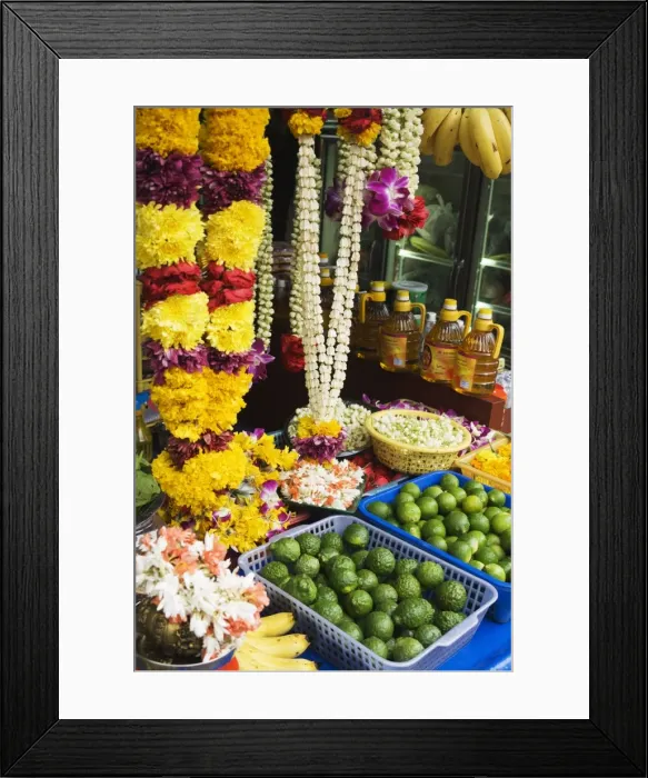 Framed Print : Stall selling fruit and flower garlands for temple offerings Framed Print : Stall selling fruit and flower garlands for temple offerings