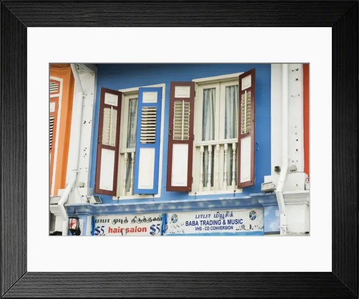 Framed Print : Colourfully painted window shutters in Little India Framed Print : Colourfully painted window shutters in Little India