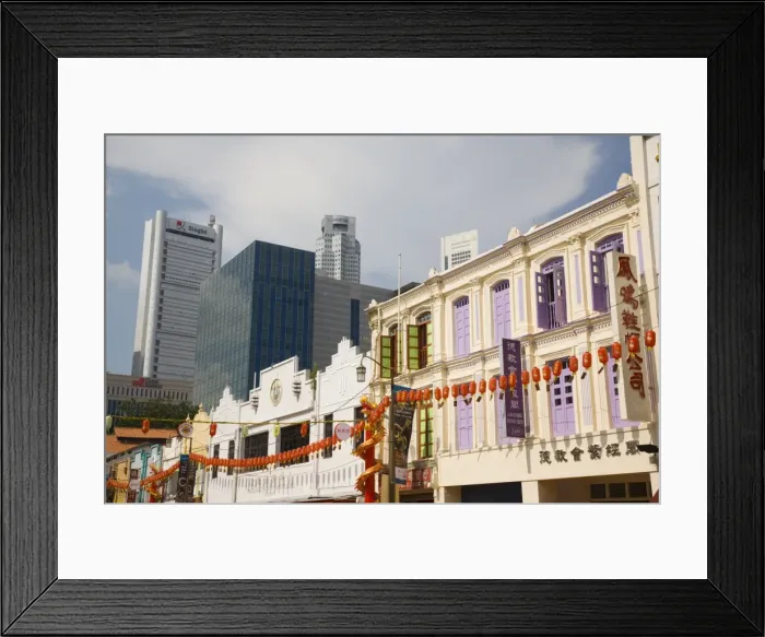 Framed Print : Old traditional shophouses decorated with lanterns for Vesak festival Framed Print : Old traditional shophouses decorated with lanterns for Vesak festival