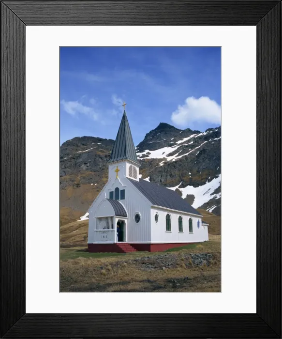Framed Print : White wooden church with spire at Grytviken on South Georgia Framed Print : White wooden church with spire at Grytviken on South Georgia