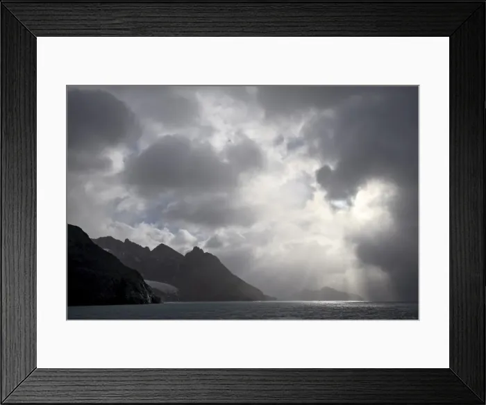 Framed Print : Mountainous coastline near Drygalski Fjord with cloudy skies Framed Print : Mountainous coastline near Drygalski Fjord with cloudy skies