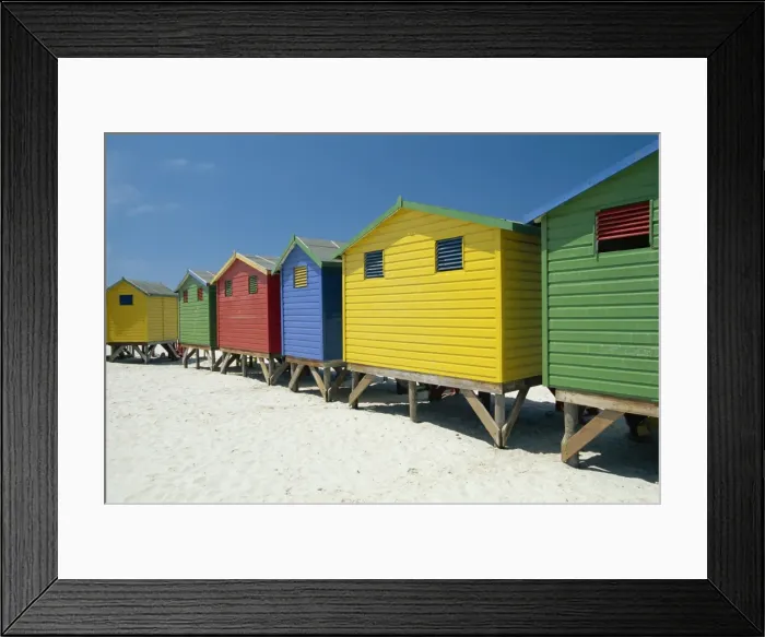 Framed Print : Brightly painted beach bathing huts at False Bay Framed Print : Brightly painted beach bathing huts at False Bay