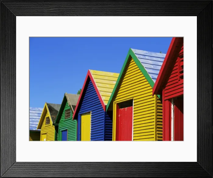 Framed Print : Colourfully painted Victorian bathing huts in False Bay Framed Print : Colourfully painted Victorian bathing huts in False Bay
