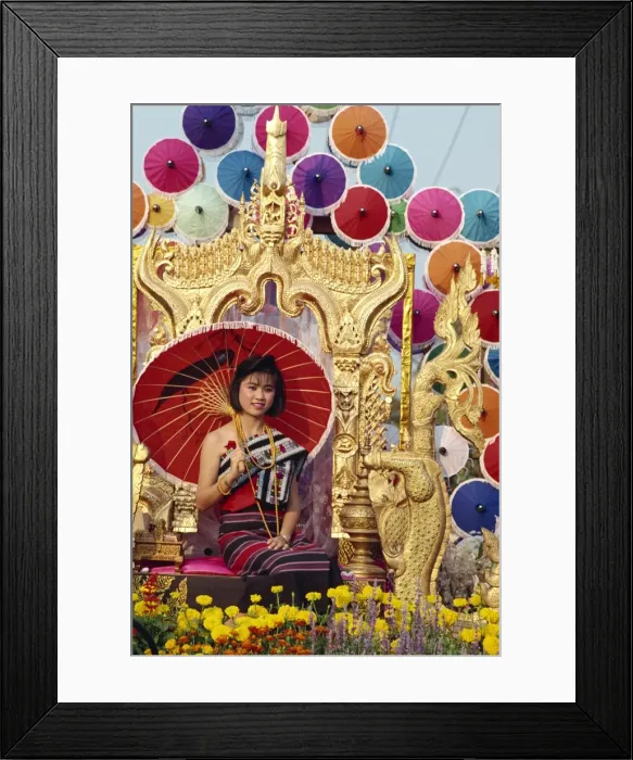 Framed Print : Portrait of a woman with umbrella seated on a golden