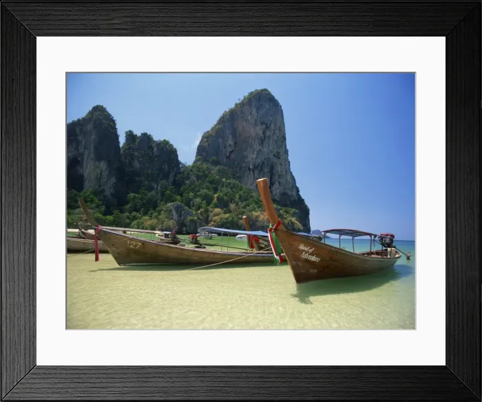 Framed Print : Long tail boats moored on Railay Beach Framed Print : Long tail boats moored on Railay Beach