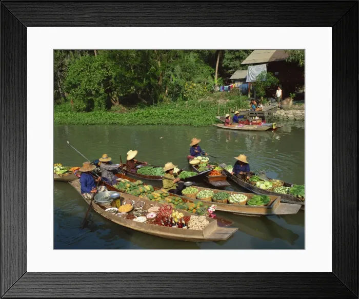 Framed Print : Women in straw hats in boats loaded with fruit