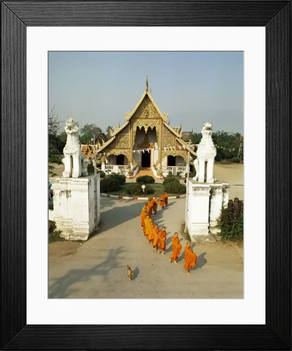 Framed Print : Monks leaving Wat Phra Singh to collect alms Framed Print : Monks leaving Wat Phra Singh to collect alms
