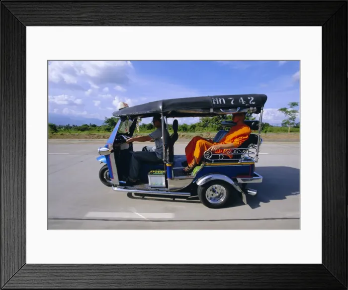 Framed Print : Buddhist monk in a tuk tuk taxi Framed Print : Buddhist monk in a tuk tuk taxi