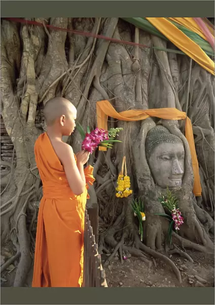 Novice monk with offering of flowers