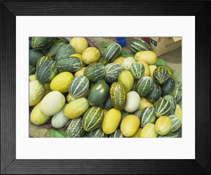 Framed Print : Yellow, green and speckled melons piled up for sale in Chiang Mai Framed Print : Yellow, green and speckled melons piled up for sale in Chiang Mai