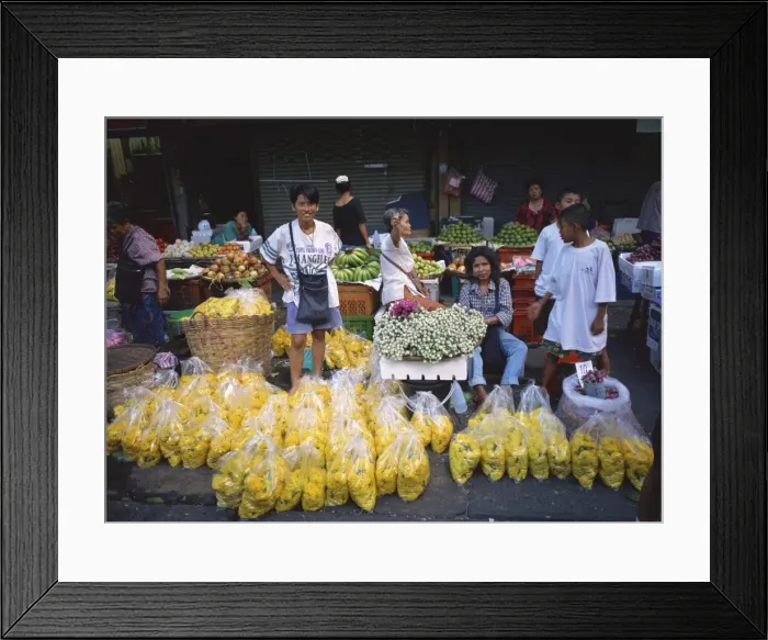 Framed Print : Women selling flowers and fruit from stalls in a street Framed Print : Women selling flowers and fruit from stalls in a street