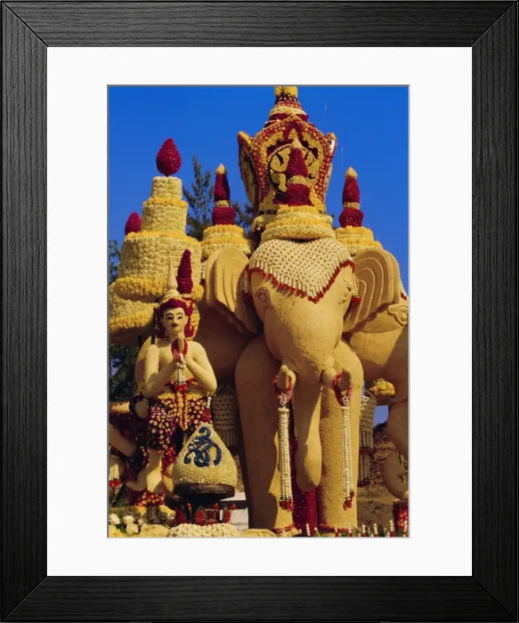 Framed Print : Floral float decorated with elephants and umbrellas Framed Print : Floral float decorated with elephants and umbrellas