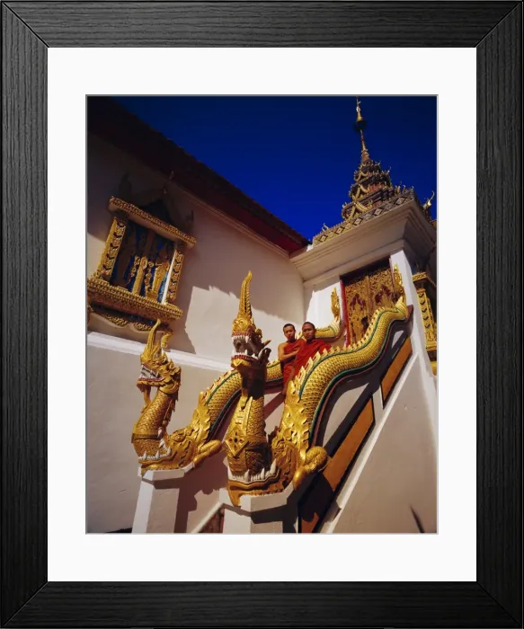 Framed Print : Staircase with Nagas (sacred snake) and two Buddhist monks