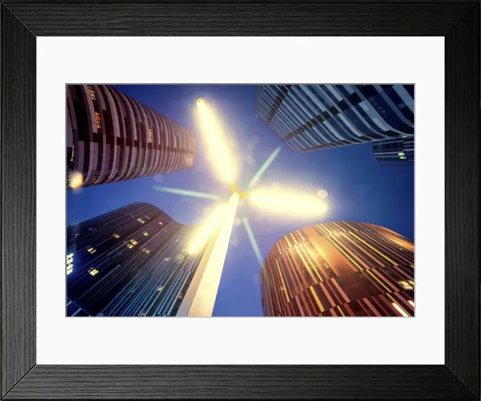 Framed Print : Low angle composition with LED lamp post and futuristic architecture at Sanlitun SOHO at night Framed Print : Low angle composition with LED lamp post and futuristic architecture at Sanlitun SOHO at night