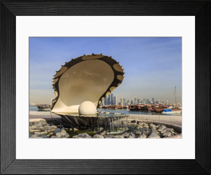 Framed Print : Pearl Monument with moored dhows and modern city skyline of West Bay, from Al-Corniche Framed Print : Pearl Monument with moored dhows and modern city skyline of West Bay, from Al-Corniche