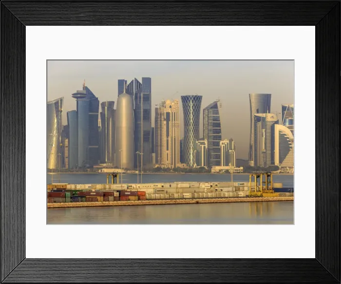 Framed Print : Futuristic Doha city skyline and container port, Doha, Qatar, Middle East Framed Print : Futuristic Doha city skyline and container port, Doha, Qatar, Middle East