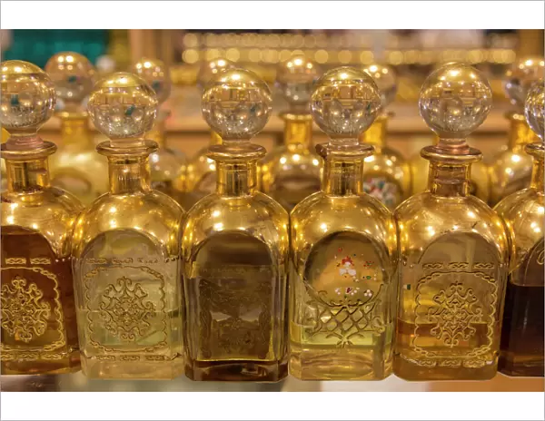 Local frankincense perfumes in ornate gold and glass bottles, Al-Husn Souq, Salalah